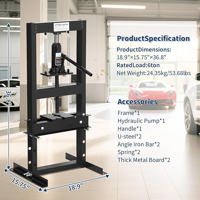 6 Ton H Frame Hydraulic Shop Press,Floor Press with Adjustable Height Stamping Plates,Built in Relief Valve for Bending Straightening Bearings u Joints Car Repair Professional Use 18.9"×15.75"×36.8"