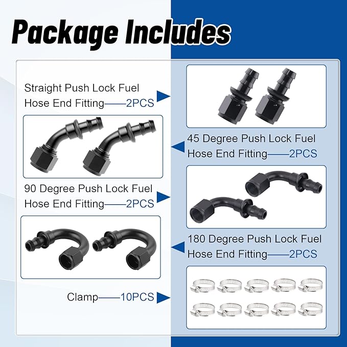 10AN Push Lock Hose Fitting Kit Straight 45 90 180 Degree Elbow Black Ends with Clamps for Rubber Fuel Line, 8PCS