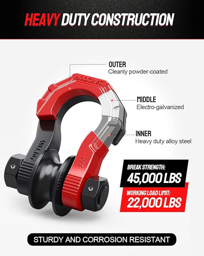 DAYDOOR D Ring Shackles with Snatch Block, 45,000Lbs Break Strength Towing Winch Shackle, 3/4" Heavy Duty Shackles with 7/8" Screw Pin for Off Road Vehicle Recovery (2 Pack,Red)