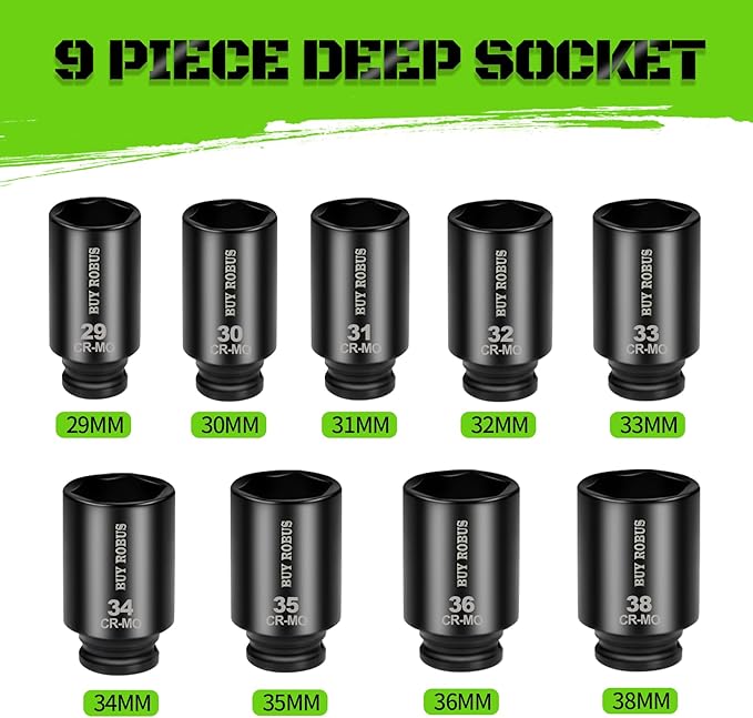 1/2" Drive Impact Socket Set, 9-Piece Metric Deep Axle Nut Sockets, 6-Point, Cr-Mo, 29mm, 30mm, 31mm, 32mm, 33mm, 34mm, 35mm, 36mm,38mm
