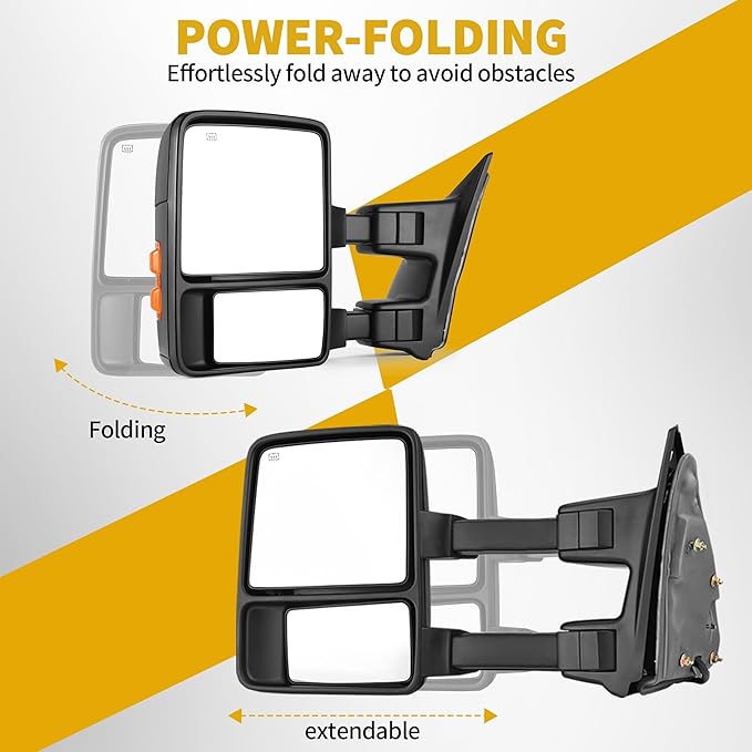 DWVO Power Heated Towing Mirrors for 1999-2007 Ford F-250, F-350, F-450 Super Duty and 2001-2005 Excursion, Amber Turn Signal, Extendable, Foldable Tow Side Mirrors, Pickup Accessories, Black