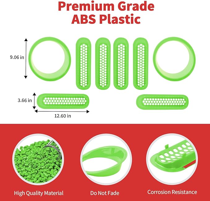 Mesh Grille Grill Insert+Headlight Turn Light Cover Trim Fit for 2007-2018 Jeep Wrangler JK JKU(Green)