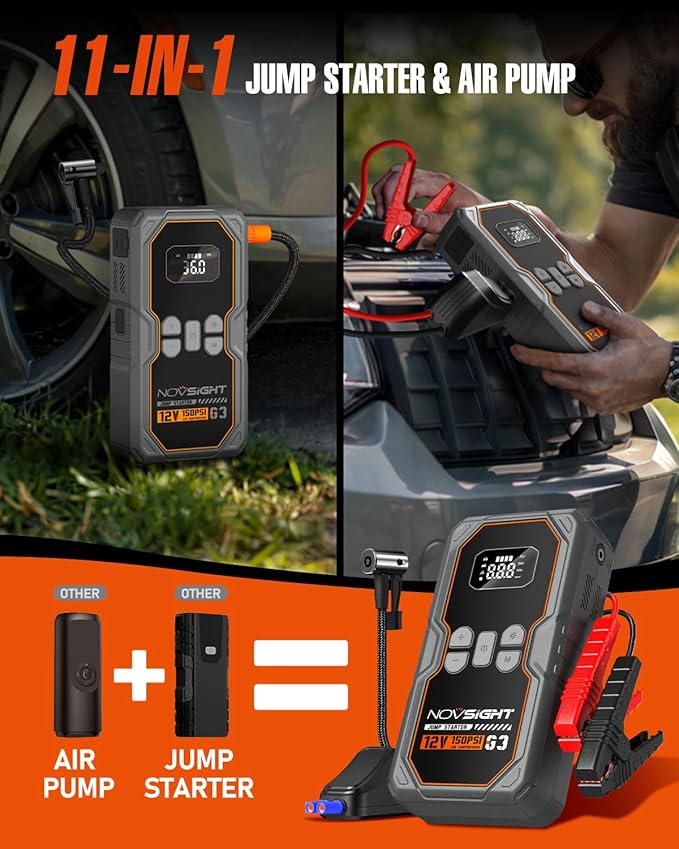 NOVSIGHT Jump Starter with Air Compressor - 6250A Portable Battery Jump Starter for Car(5L Gas/3L Diesel) 12V Car Jump Box & 150PSI Auto-Shut Tire Inflator with Carrying Case(Orange)