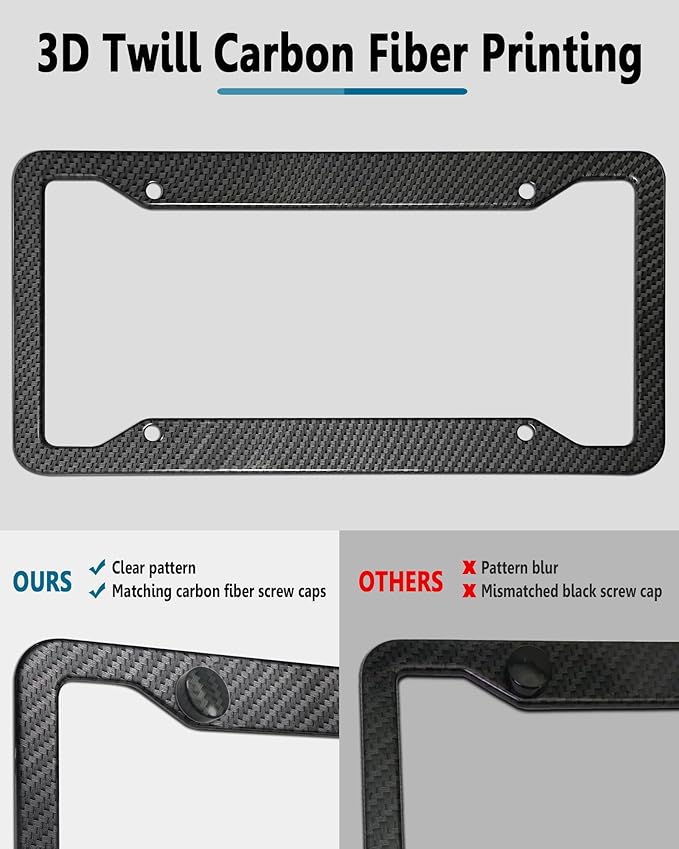 Carbon Fiber License Plate Frames- 2 Pack Black Aluminum Front & Rear Auto Car Tag Holder, Heavy Duty Bracket with Mount Hardware, Screws Caps, Rattle Proof Pads (Carbon Pattern
