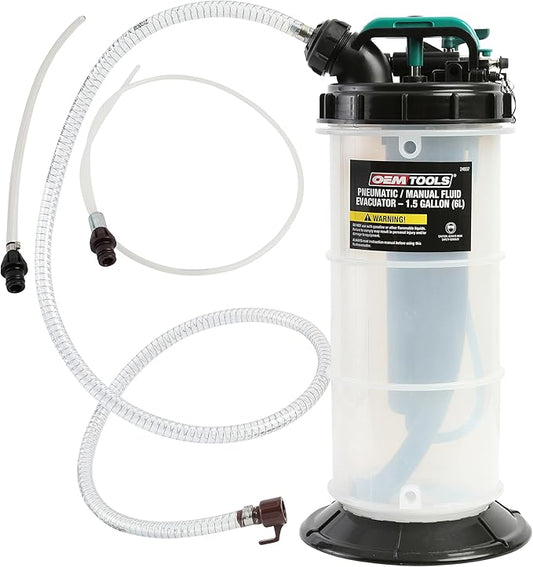OEMTOOLS 24937 Pneumatic/Manual Fluid Extractor, 1.5 Gallon (6L) Oil Extractor Pump, For Coolant, Transmission, and Power Steering Fluid, 2 Dipstick Adapters, 5ft Hose
