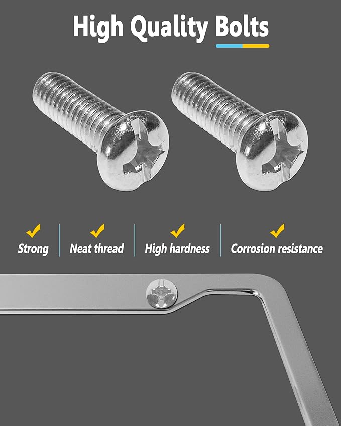 Stainless Steel License Plate Frames- 2 Pack Mirror Polished Front & Rear Auto Car Tag Holder, Heavy Duty Chrome Bracket with Mount Hardware, Screws Caps