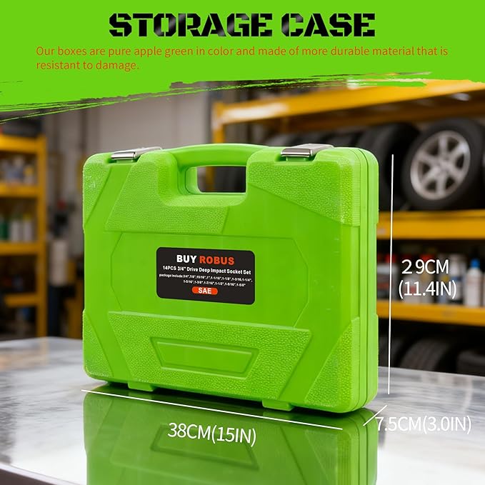 3/4 inch Drive Impact Socket Set, 14 Piece Heavy Duty CR-MO Deep and Jumbo Sockets 6 Point Design, SAE 3/4" to 1-9/16", for Large Vehicle and Apparatus Maintenance