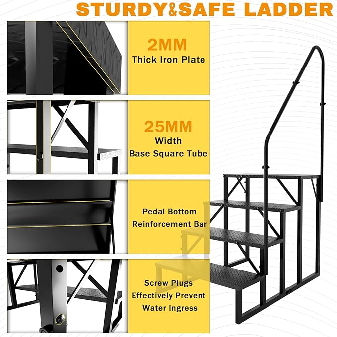 RV Steps with Handrail, Hot Tub Steps Outdoor, 4 Step Ladder Stool, RV Stairs with Anti-Slip Panel, Camper Steps for Spa, Travel Trailers, Pool and Porch