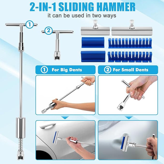 142PCS Car Dent Puller Kit,Car Paintless Dent Remover Tool Kit with LED Light Board,T-bar Slide Hammer & Bridge Puller & Suction Cup,Dent Repair Kit for Remover Auto Body Hail Damage Large Small Dent