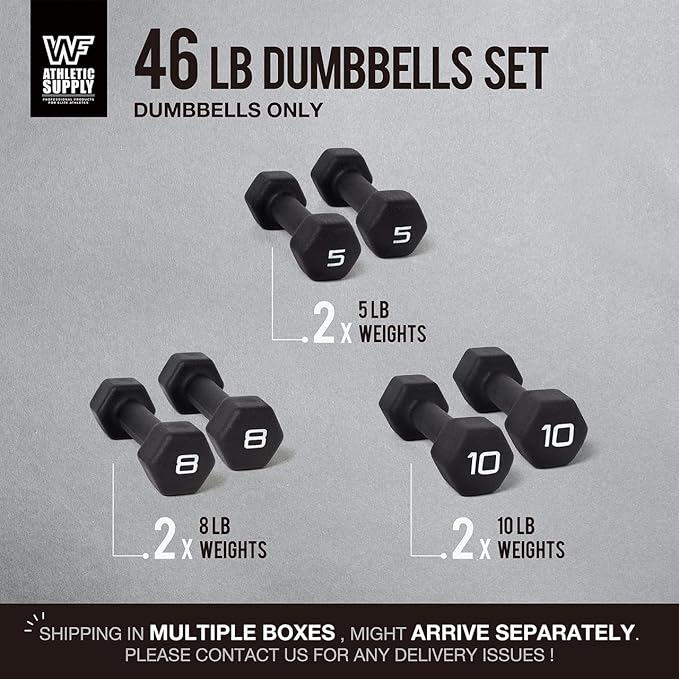 WF Athletic Supply Black Neoprene Dumbbell Set, Non-Slip & Hex Shape, Great for Muscle Toning, Strength Building & Weight Loss; Sizes, Dumbbells Only & w/Rack Options Available