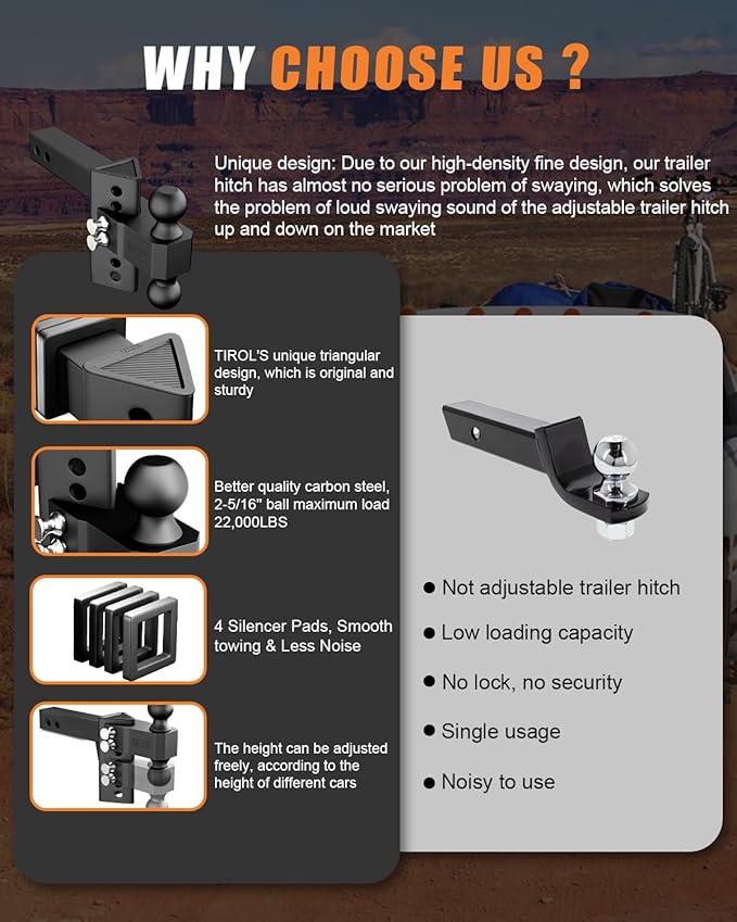 TIROL Adjustable Trailer Hitch - Fits 2'' Receiver 4 Inch Drop/Rise for Truck Hitch, 2'' & 2-5/16'' Ball Hitch, 22000 LBS GTW, Heavy Duty Towing Ball Mount, RVs, Campers, Boat Trailers