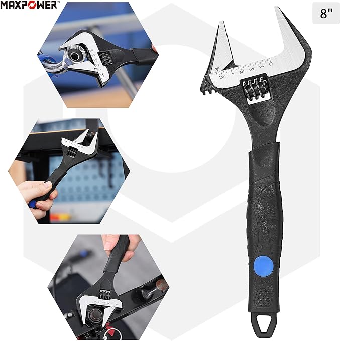 MAXPOWER 8 inch Adjustable Wrench, Wide Jaw Capacity 1.6" (40 mm)