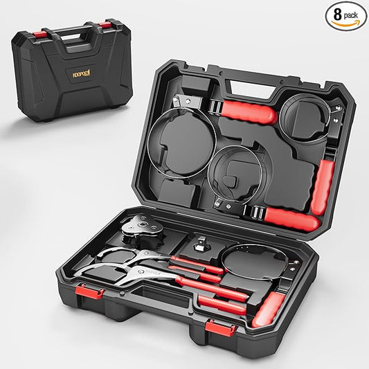 Oil Filter Wrench Set, 8 Piece Adjustable Oil Filter Pliers 2-3/4" to 5-1/4", 9" & 12" Universal Oil Filter Removal Tool with 1/2" to 3/8" Adapter, Organized in Storage Case (8-Piece Set)