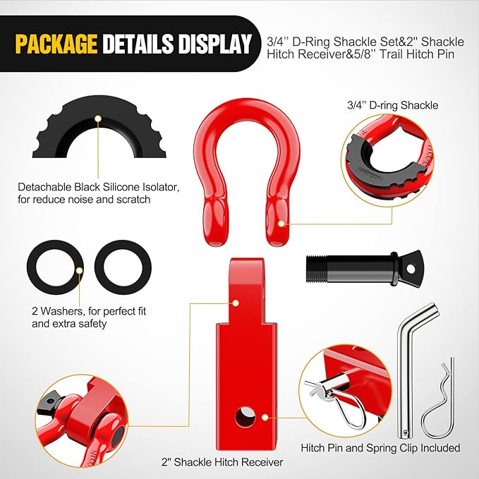 Nilight Shackle Hitch Receiver 2Inch 45000 LBs Breaking Strength 3/4" D Ring w/Trailer Pin Heavy Duty Solid Recovery Towing Kit for Trucks Jeeps Off-Road