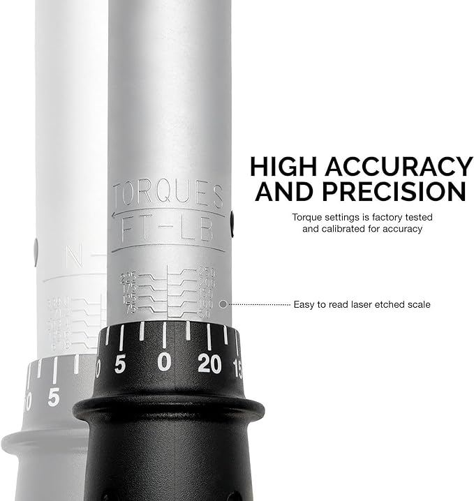 Neiko PRO 03709B 1/2-Inch-Drive Torque Wrench, 25-Inch Adjustable Click Torque Wrench, Made with Chrome Vanadium CrV Steel, SAE
