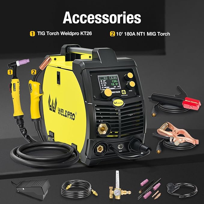 Weldpro 200A MIG Welder, 110V/220V Flux Core MIG Welder/MMA/TIG/Stick 5 in 1 Welding Machine with Spot Timer, IGBT Inverter Portable Gasless Welder Equipment, Aluminum Spool Gun Compatible