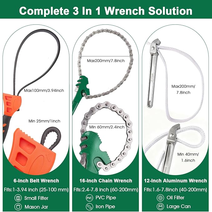 3 Piece Wrench Set:16" Heavy Duty Ratcheting Chain Wrench,12" Aluminum Nylon Strap &6" Rubber Strap Wrench Plumbing,Non-Slip,Complete Spanner Tool Kit for Oil Filter& Household
