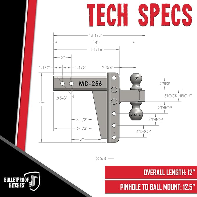 BulletProof Hitches - 2.5" Adjustable Medium Duty Trailer Hitch (14,000 lb. Rating) - 6" Drop/Rise Trailer Hitch with 2" & 2-5/16" Dual Ball - Powder Coat, Box Steel, Corrosion-Resistant