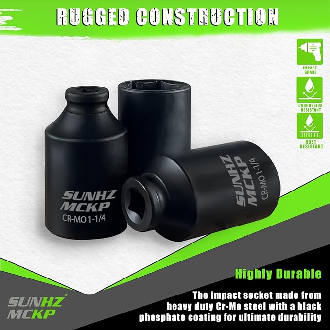 SUNHZMCKP 1/2 Inch Drive Impact Socket, SAE 1-1/4 In Deep 6 Point Socket, CR-MO, Axle Nut Impact Grade Socket for Easy Removal (1-1/4)