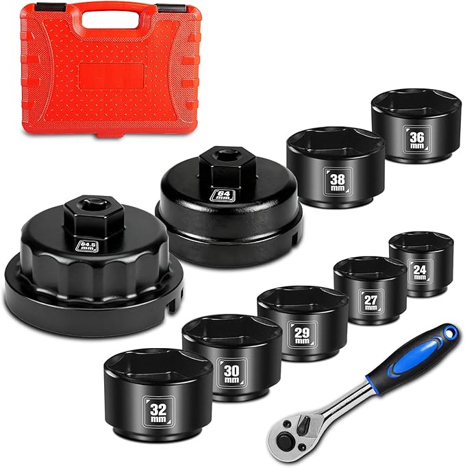 BLACKROBOT 10-Piece 3/8” Drive Oil Filter Socket Wrench Set, Metric Low Profile Oil Filter Sockets with 72-Tooth Ratchet, Oil Filter Cap Remover and Installer Tool Set