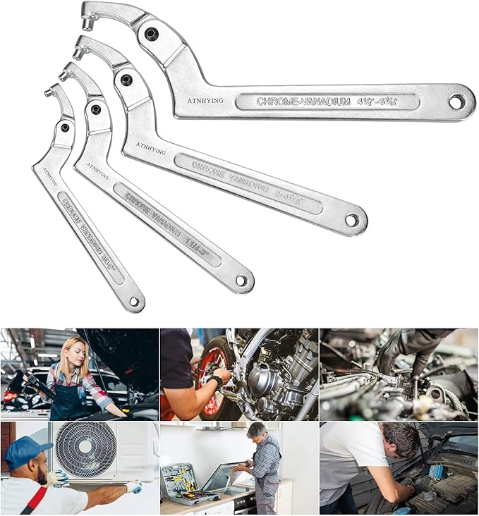 4 pcs Spanner Wrench Set, Adjustable C Pin Spanner Hook Wrench Tool for Machine Tools, Vehicles, Mechanical Equipments,Round Head (4pcs Round Head)