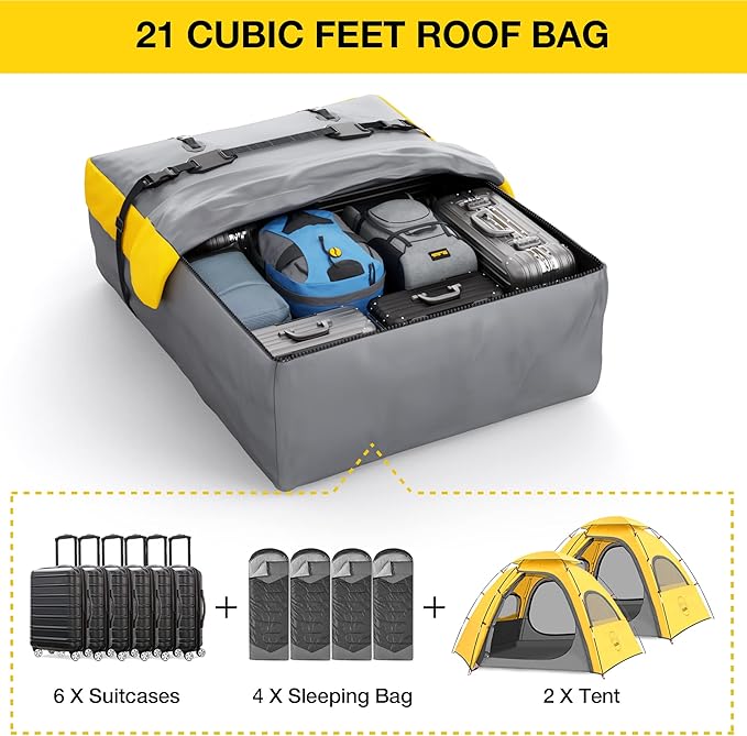 Car Roof Bag Rooftop Cargo Carrier, 21 Cubic Feet Waterproof Roof Luggage Cargo Carrier Bag with Anti-Slip Mat for All Cars Vehicles SUV with/Without Rack (with 2PCS 4M Ratchet Straps)