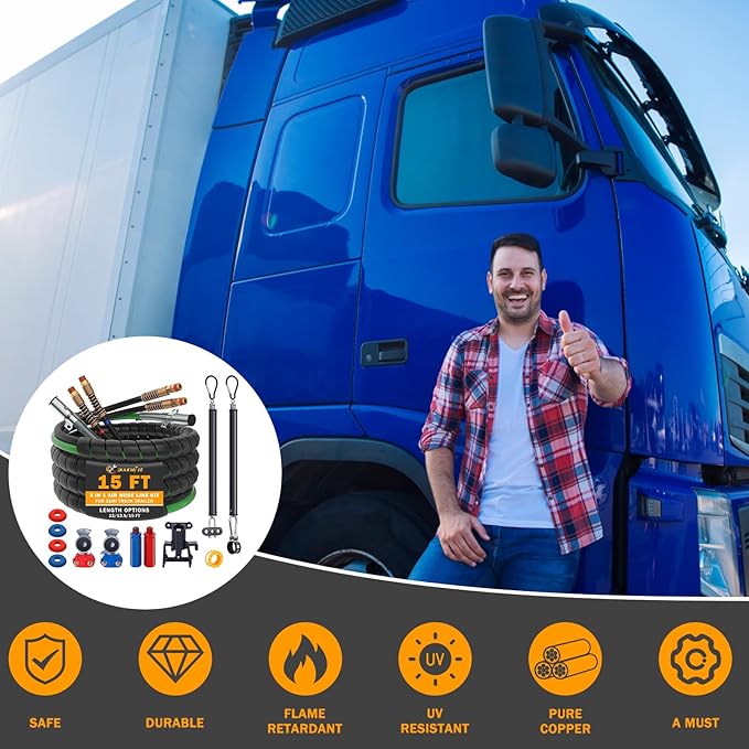 15 FT Semi Truck Air Lines Kit with 2 Pcs Tender Spring Kit and Glad Hands with Gladhand Holder & Handles 3IN1 Trailer Cord and Air Hoses Kit for Truck Trailer Tractor