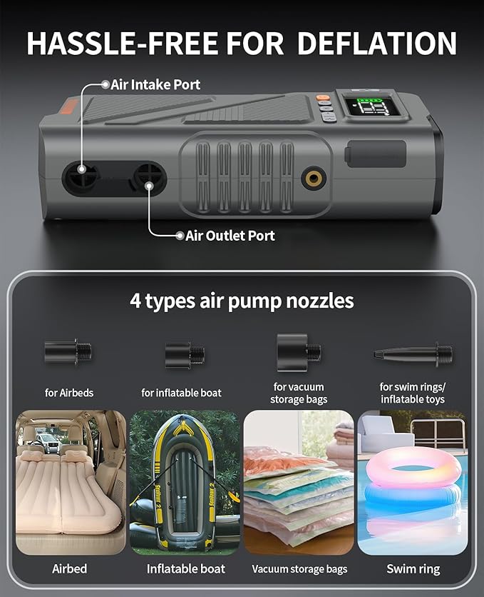 Car Jump Starter with Air Compressor 9000A, 9 in 1 Jumper Box for Car Portable 12V Jump Pack(All Gas/16L Diesel) Combo 150 PSI Tire Inflator & Air Inflator/Deflator Pump w/Extended Jump Cable