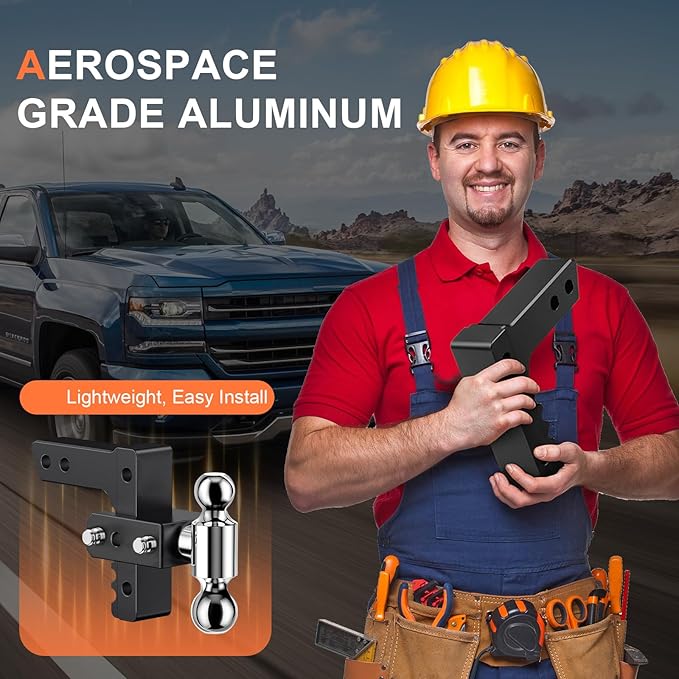 Adjustable Trailer Hitch, Fits 2-Inch Receiver, 6-Inch Drop/Rise for Trucks (12500 LBS GTW), Heavy Duty Aluminum Tow Hitches with 4 Silencer Pads & 2 Locking Hitch Pin, Black