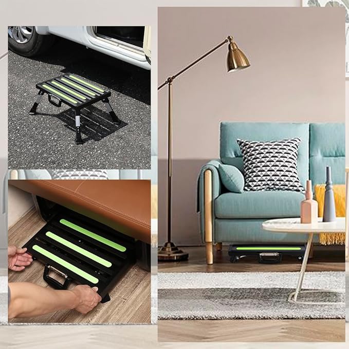 Homeon Wheels RV Step Stool, Adjustable Height Folding Aluminum Platform, Non-Slip Rubber Feet, Reflective Stripe, Handle, RV T Level, 1000 lbs, 16.5" x 12.2", for Trailer, Truck, Outdoor Use, Black