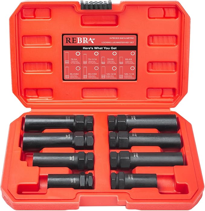 REBRA 6 Spline & 7 Spline Lug Nut Socket Set, Drive Wheel Lock Key, Locking Nut Removal Tool for Easy Installation on Aftermarket Rims (8-Pieces)