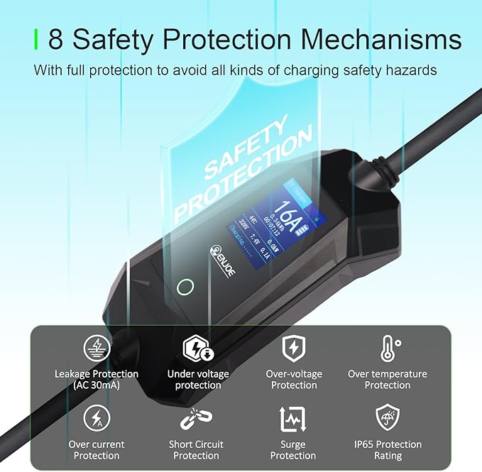 Level 1 & 2 EV Portable Charger up to 16Amp, 110V / 240V with 25ft Cable for Tesla NACS, NEMA 5-15 & 6-20 Plug Indoor/Outdoor EVSE, Home/Travel Electric Car Charging Station