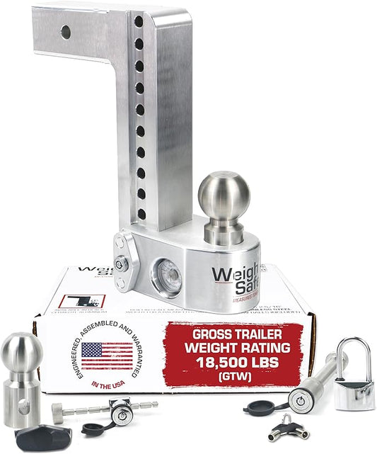 Weigh Safe Aluminum Adjustable Trailer Hitch - Towing Hitch with Built-In Tongue Weight Scale - Compatible with 2.5" Receivers - 10" Drop, Stainless Steel Tow Balls, 18,500 GTW, 4-Piece Lock Set
