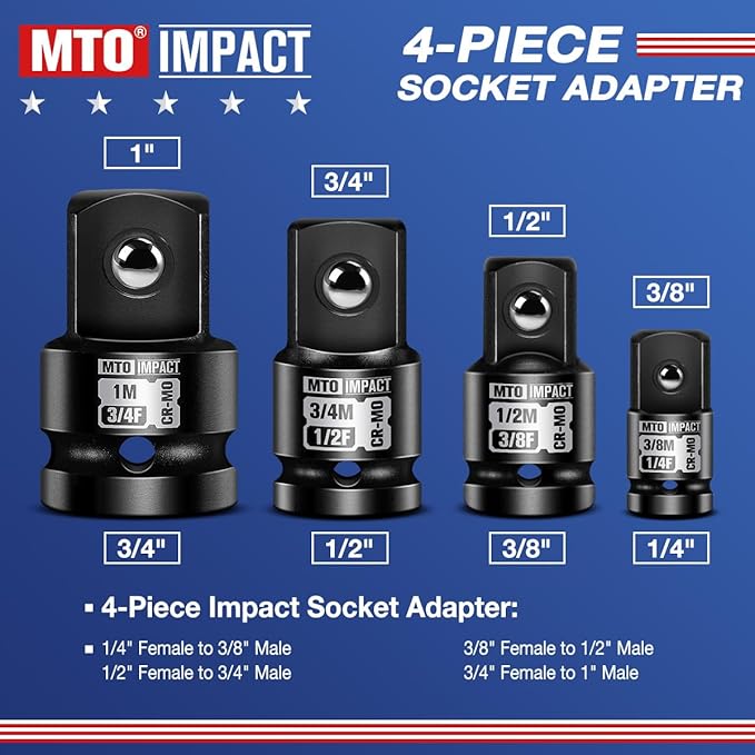 MTO 8-Piece Impact Socket Adapter & Reducer Set, 1/4", 3/8", 1/2", 3/4" Drive, Impact Driver & Wrench Conversion Kit, Chrome Molybdenum Steel