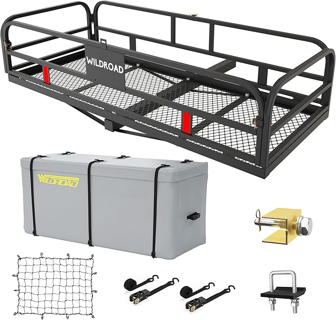 Wildroad 500 Lbs Hitch Cargo Carrier Set, Heavy Duty Cargo Carrier Hitch Mount 60"x24"x14" for 2" Receiver, SUV Car Truck, Includes Waterproof Cargo Bag, Cargo Net, Straps & Dual Tightener