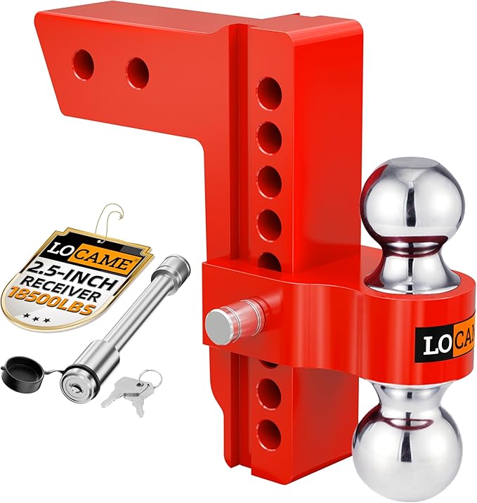 LOCAME Adjustable Trailer Hitch, Fits 2.5-Inch Receiver Only, 8-Inch Drop/Rise Aluminum Drop Hitch,18,500 LBS GTW-Tow Hitch for Heavy Duty Truck with Double Stainless Steel Locks, Red, LC0015
