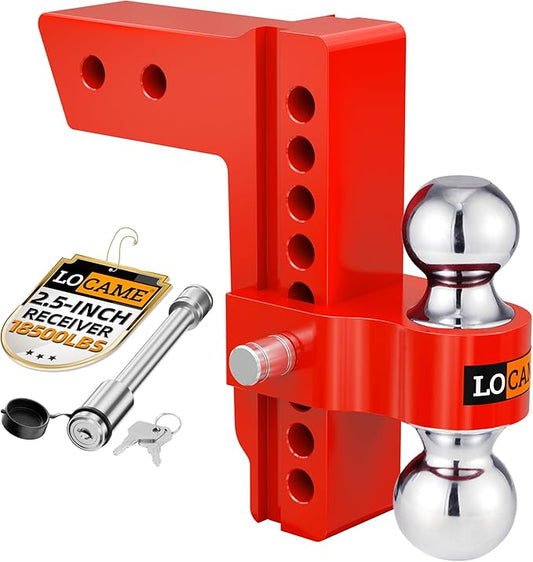LOCAME Adjustable Trailer Hitch, Fits 2.5-Inch Receiver Only, 8-Inch Drop/Rise Aluminum Drop Hitch,18,500 LBS GTW-Tow Hitch for Heavy Duty Truck with Double Stainless Steel Locks, Red, LC0015