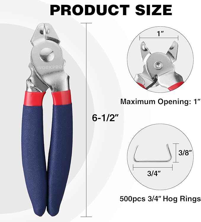 WORKPRO Bent Hog Ring Pliers with 500 Pcs 3/4" Hog Rings, Galvanized Steel Hog Rings Perfect for Furniture Upholstery, Auto Upholstery, Plastic Meat & Sausage Casings