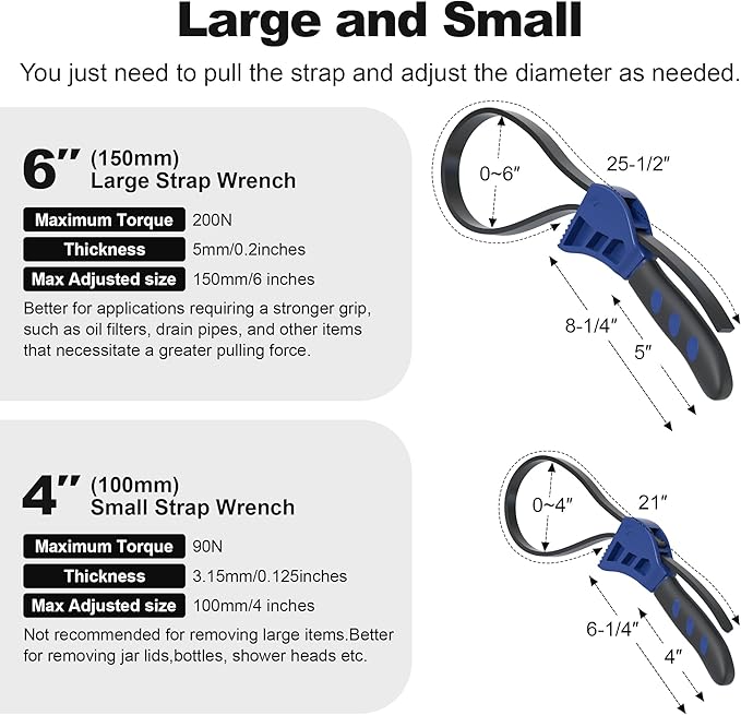 Strap Wrench Set, 2pcs Adjustable Rubber Strap Wrench, Oil Filter Strap Wrench, Max Diameter 4" and 6" with Rubber Belt, Jar Opener for Weak Hands