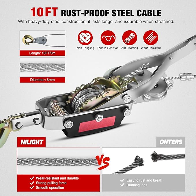 Nilight Come Along Winch 5 Ton /10,000 Lbs Heavy Duty Come Along Cable Puller Hand Winch Tool with 10 Ft Rope Double Gear 3 Hook for Lifting Pulling Road Vehicle Recovery Automotive Hoist Winch Puller