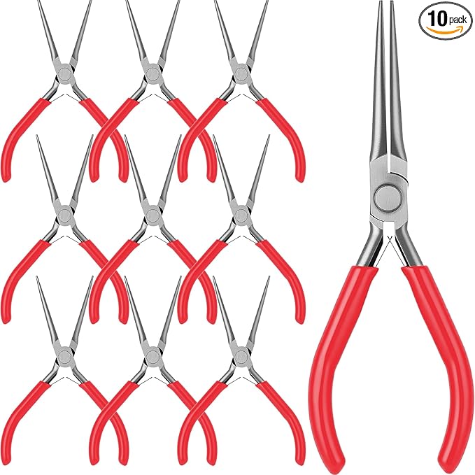 10 Pack Mini Needle Nose Pliers Bulk, 6 Inch Precision Pliers Set with Extra Long Tips for Jewelry Making, Wire Wrapping, Small Object Gripping, DIY Project(Red)