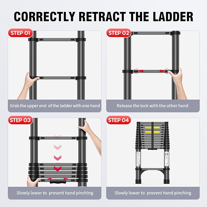 12.5FT Telescoping Ladder, 330lb Capacity Aluminum Heavy-Duty Extension Ladder with Anti-Slip Steps for Secure Attic Access, Roof, and Home Renovation Projects