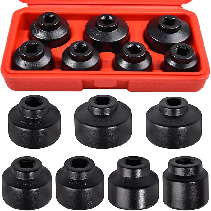 7-Piece Oil Filter Socket Set, 3/8" Drive Low Profile Oil Filter Cap Wrench Socket Set | 24mm, 27mm, 29mm, 30mm, 32mm, 36mm, 38mm | Aluminum Alloy, 6-Point Design, Storage Case Included