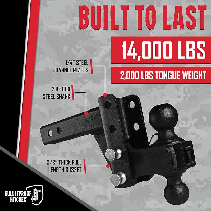 BulletProof Hitches - 2.0" Adjustable Medium Duty Trailer Hitch (14,000 lb. Rating) - 2" Drop/Rise Trailer Hitch with 2" & 2-5/16" Dual Ball - Powder Coat, Box Steel, Corrosion-Resistant