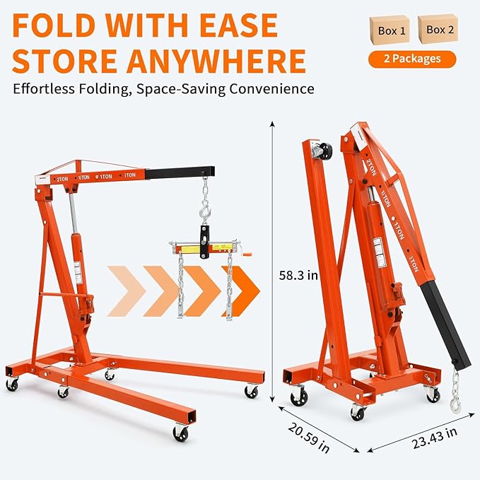 2 Ton Folding Hydraulic Engine Hoist with Load Leveler 4400 LBS Capacity Heavy Duty Cherry Picker 6 Swivel Wheels&Hydraulic Pump Adjustable Boom (0.5T-2T) for Garage Workshop Warehouse Orange