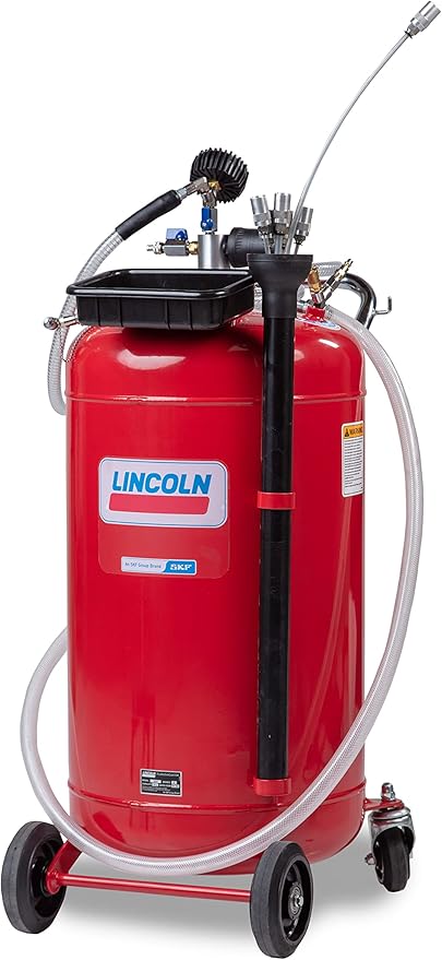 Lincoln 3637 25 Gallon Pneumatic Portable Self-evacuating Fluid Evacuator, Compressed Air-operated Venturi, Built-in regulator, Tool Tray, Tank-mounted Clip, 4) Flexible and 2) Rigid Dipstick Wands