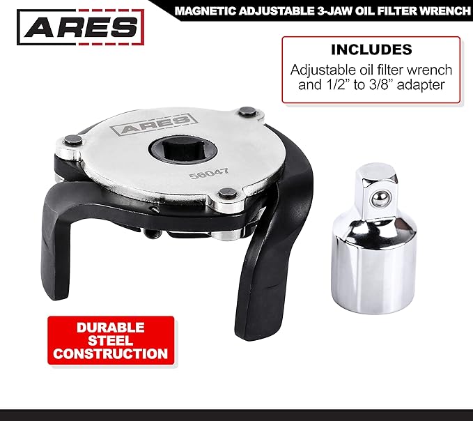 ARES 56047 – Adjustable Magnetic 3-Jaw Oil Filter Wrench – 2 3/8-Inch to 3 7/8 Inch (60mm to 98mm) Range – Use with 3/8 or 1/2-Inch Drive Ratchets