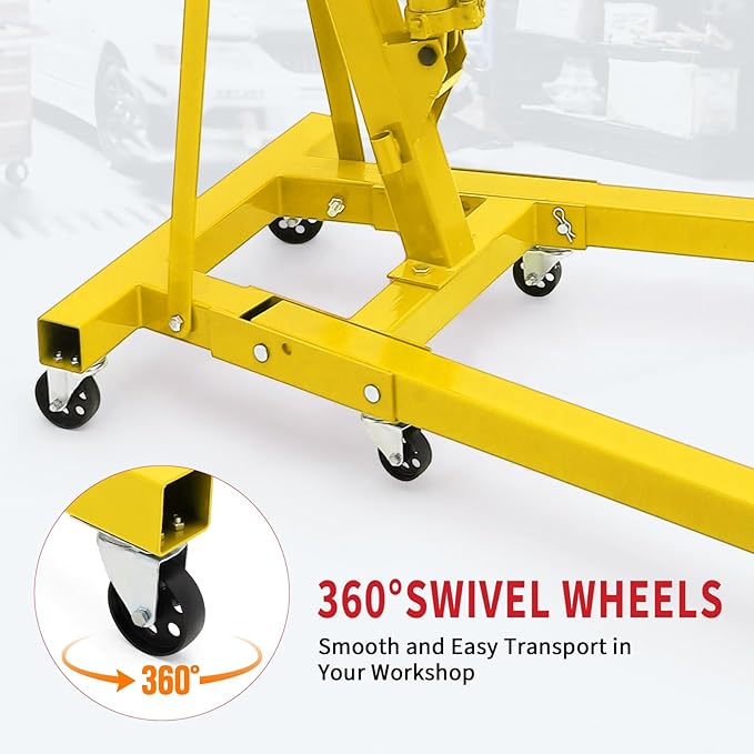 2-Ton Folding Engine Hoist Cherry Picker 4400 Lb Capacity Hydraulic Shop Crane with Telescoping Boom 6 Caster Wheels for Automotive Repair Garage Use Includes Hitch and Storage Stand Yellow