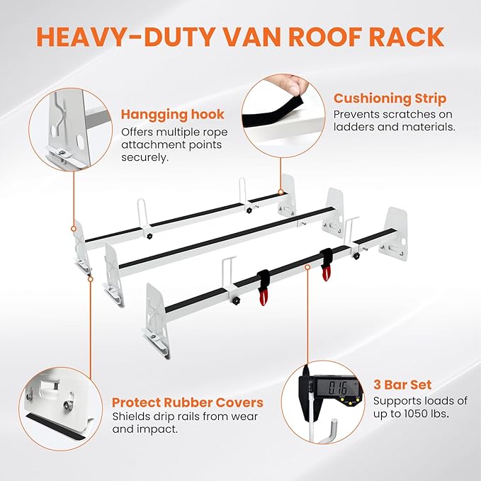 Van Roof Ladder Rack, 3 Adjustable Crossbars (48"-67") with Rain Gutter Mounts, Compatible with Chevy Express 1500/2500/3500, Ford Econoline, and GMC Savana Cargo Vans