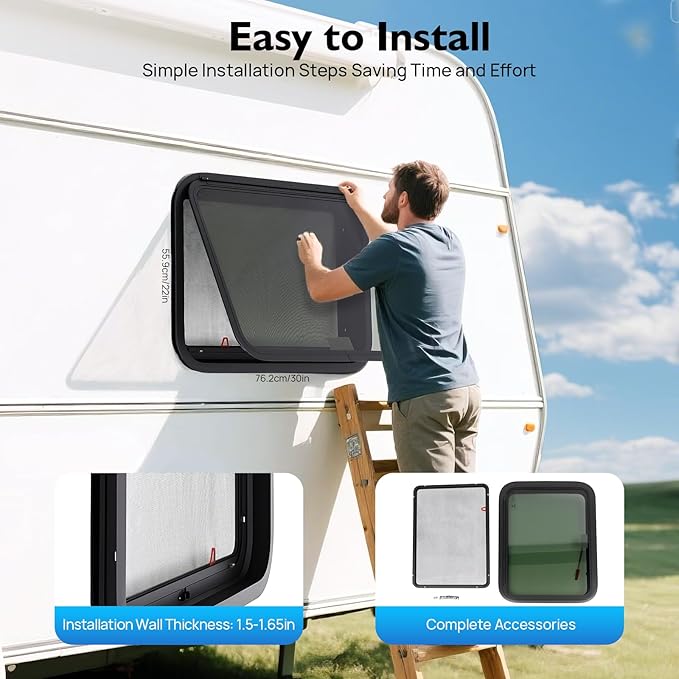 RV Exit Window - 30” W x 22” H Camper Window Ultra Thick Tempered Glass Emergency Window with Trim Kit - 90°Opening, Weather-Resistant for RVs, Trailers, Pickup Trucks